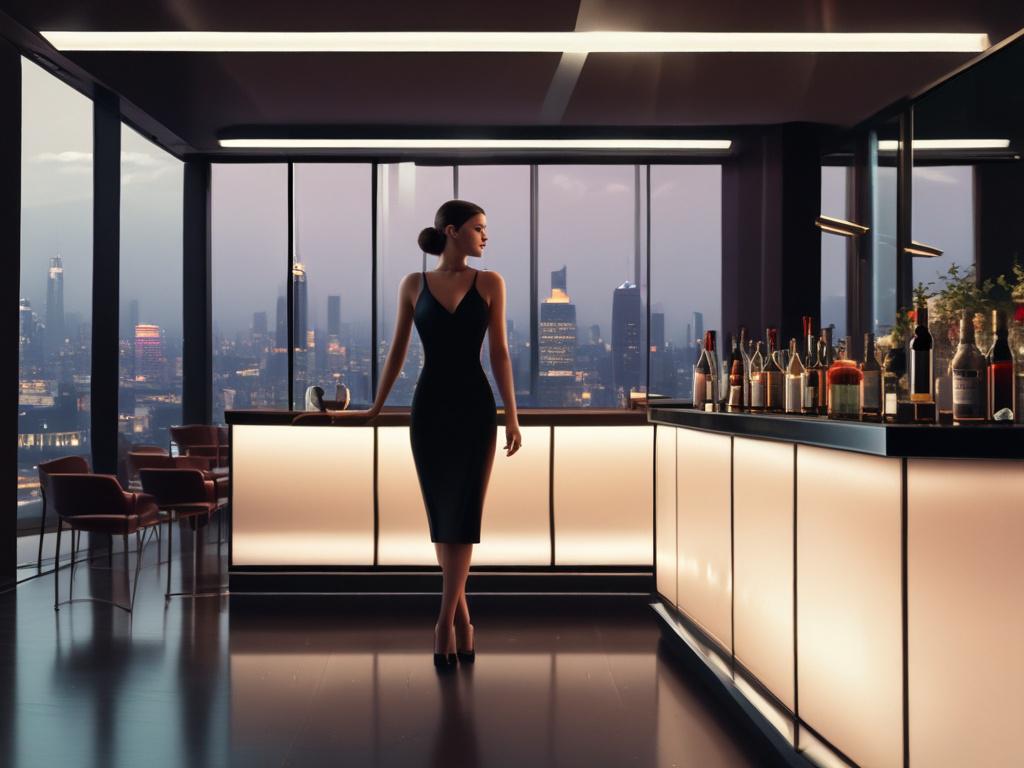 A sophisticated escort standing in a dimly lit high end