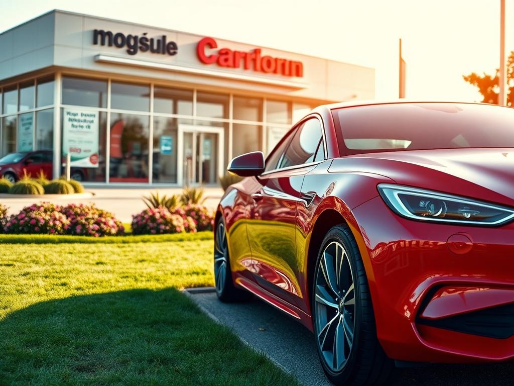 **Prompt for AI Image Generator:**

Create a realistic high-resolution photo focused on a car dealership's outdoor area, illustrating how geofencing marketing attracts new customers. The primary subject should be a sleek, modern car parked prominently in the foreground, showcasing its attractive design and vibrant color (preferably a striking blue or red). 

In the background, include a bustling car dealership with visible signage indicating promotions and special offers that suggest modern marketing strate
