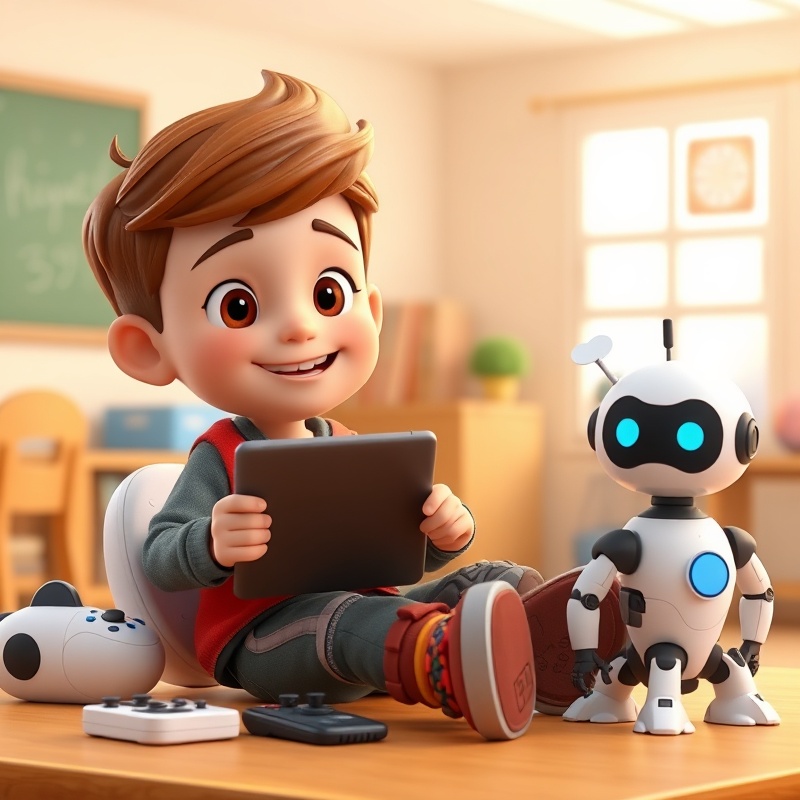 Boy with laptop learning English