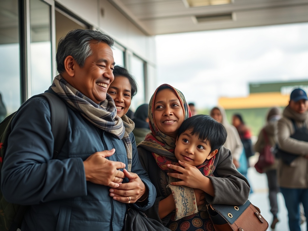 Familia inmigrante llegando con esperanza y un nuevo comienzo
