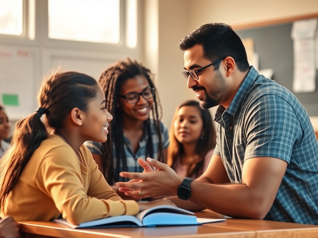 Educador latino enseñando a estudiantes en una aula