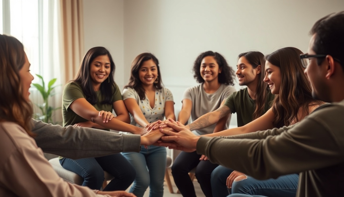 Support group of young adults in healing circle