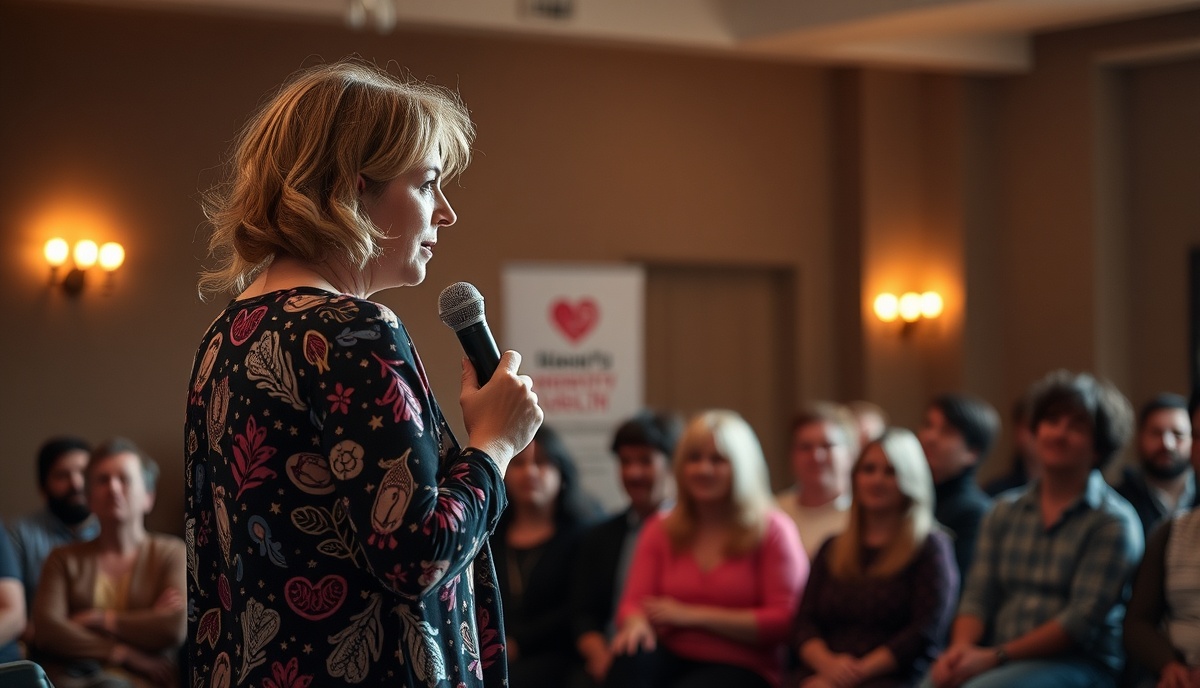 Woman sharing her healing story at community event