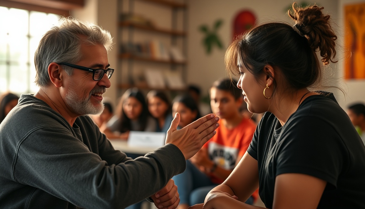Mentor supporting younger students in community workshop