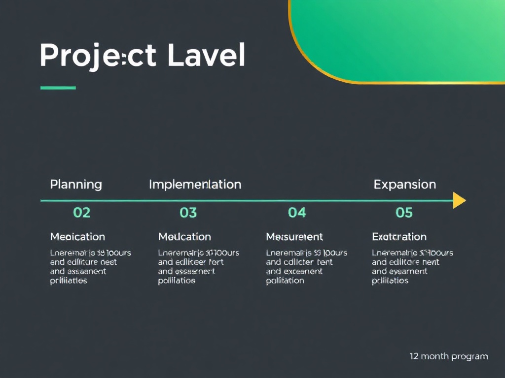 Project timeline showing 4 phases: Planning, Implementation, Impact Measurement, and Expansion