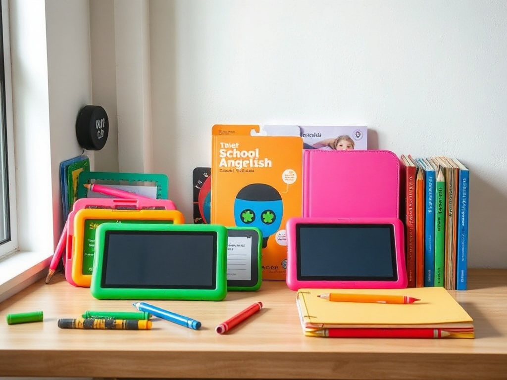 Educational tablets, school supply kits, and English learning materials displayed on a desk