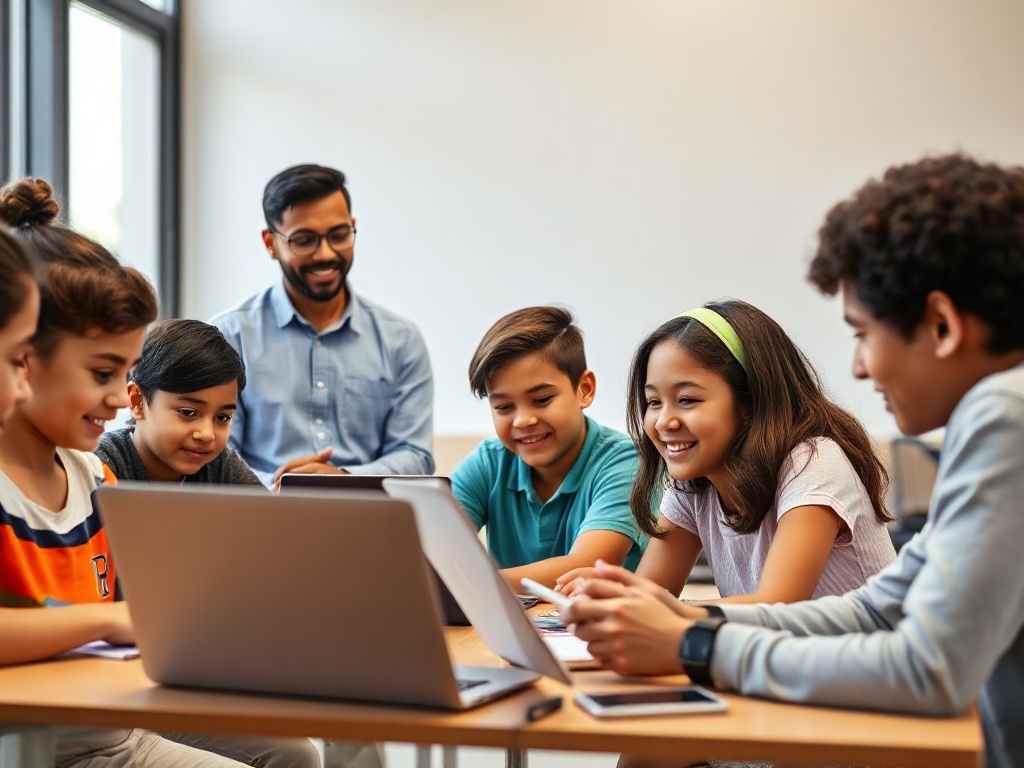 Diverse Latin American children learning English in a modern classroom with laptops and educational materials