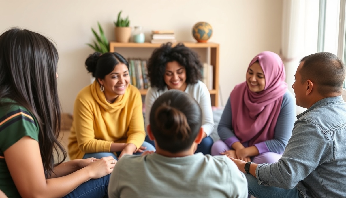 Familias latinas e inmigrantes jóvenes compartiendo experiencias en círculo de apoyo emocional