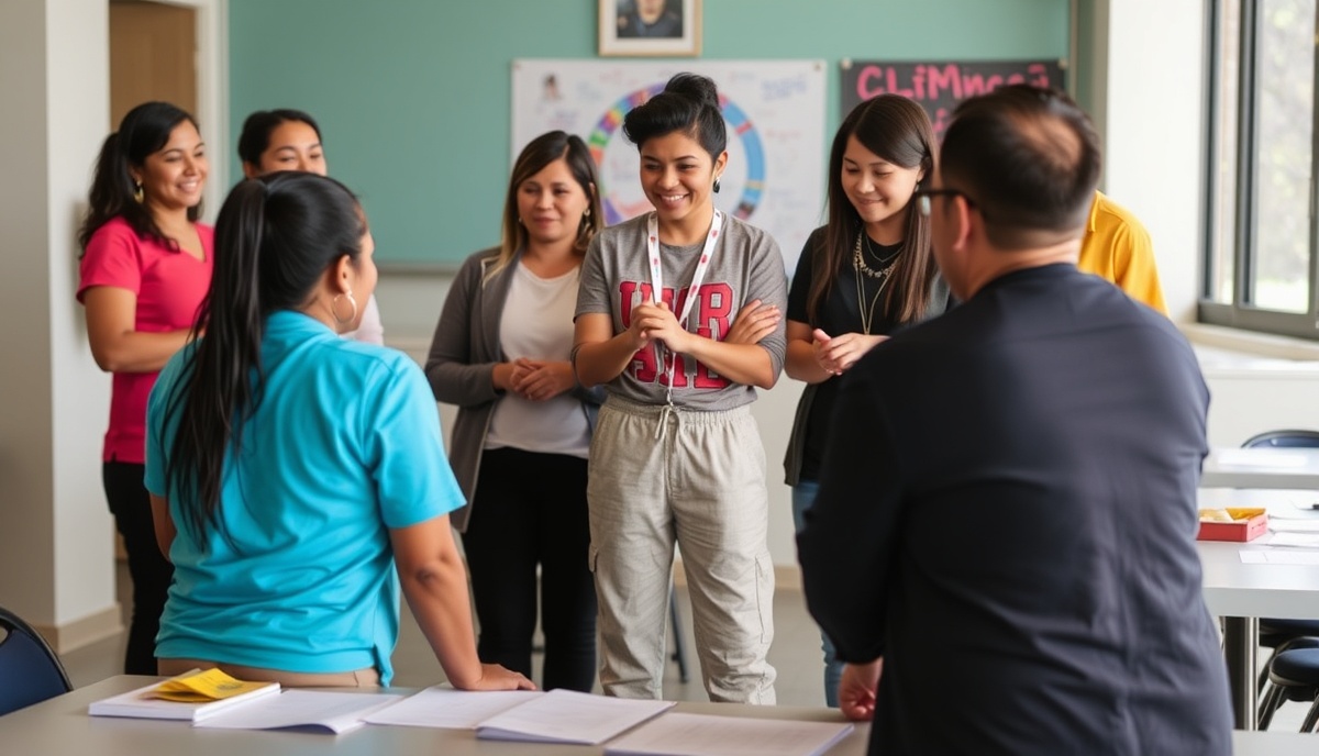 Líderes comunitarios latinos organizando iniciativas, voluntariando juntos, construyendo lazos comunitarios