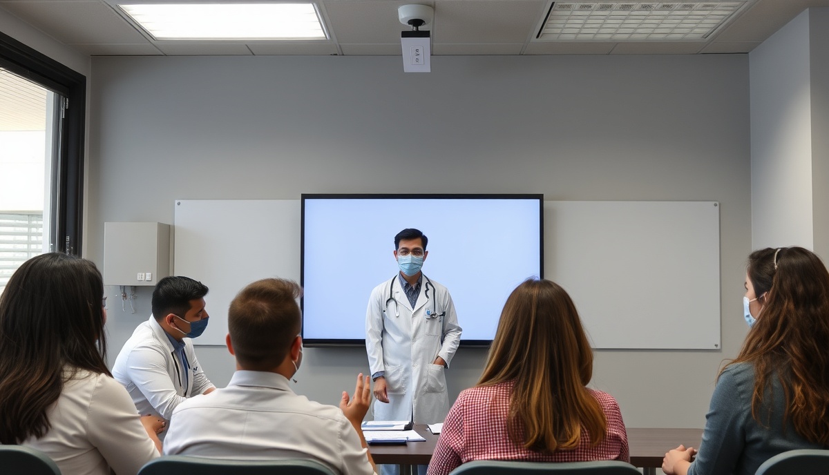 Healthcare professionals and young adults learning about sexual health prevention in modern clinical setting