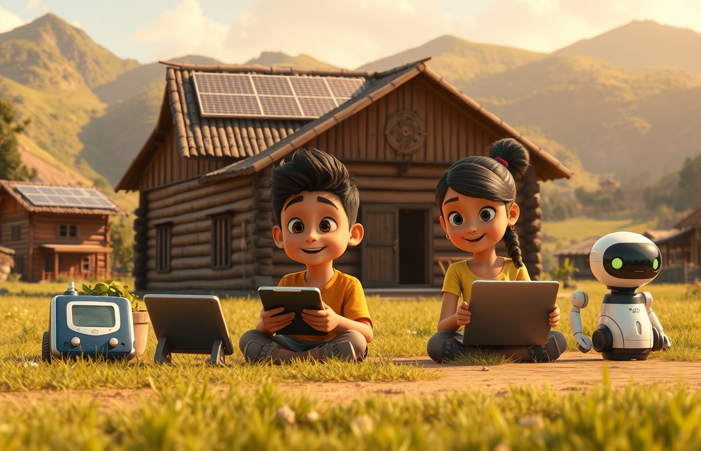 Cinematic hero: Two Latino children learning together in beautiful rural mountain community with wooden school, solar panels, laptops, tablets, educational robot, warm golden sunlight