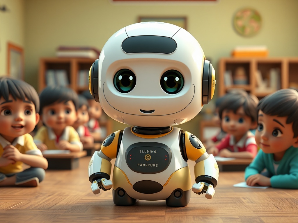 Friendly educational robot character in classroom helping children with learning, warm and encouraging