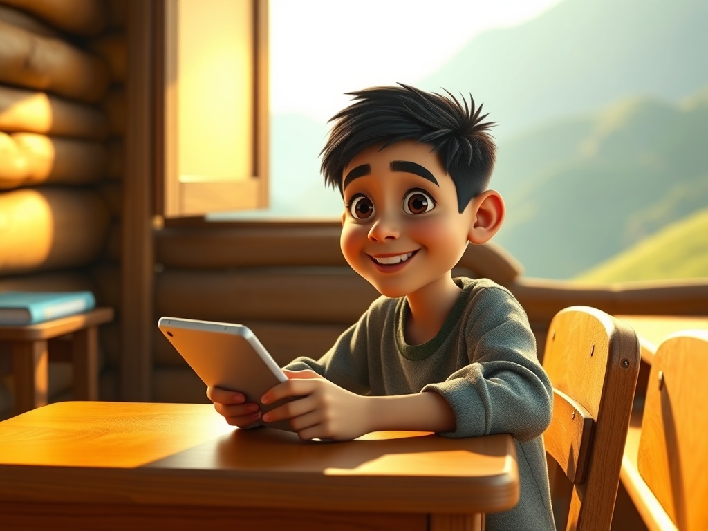 Boy character using tablet at desk in classroom with mountains and sunlight, focused on learning