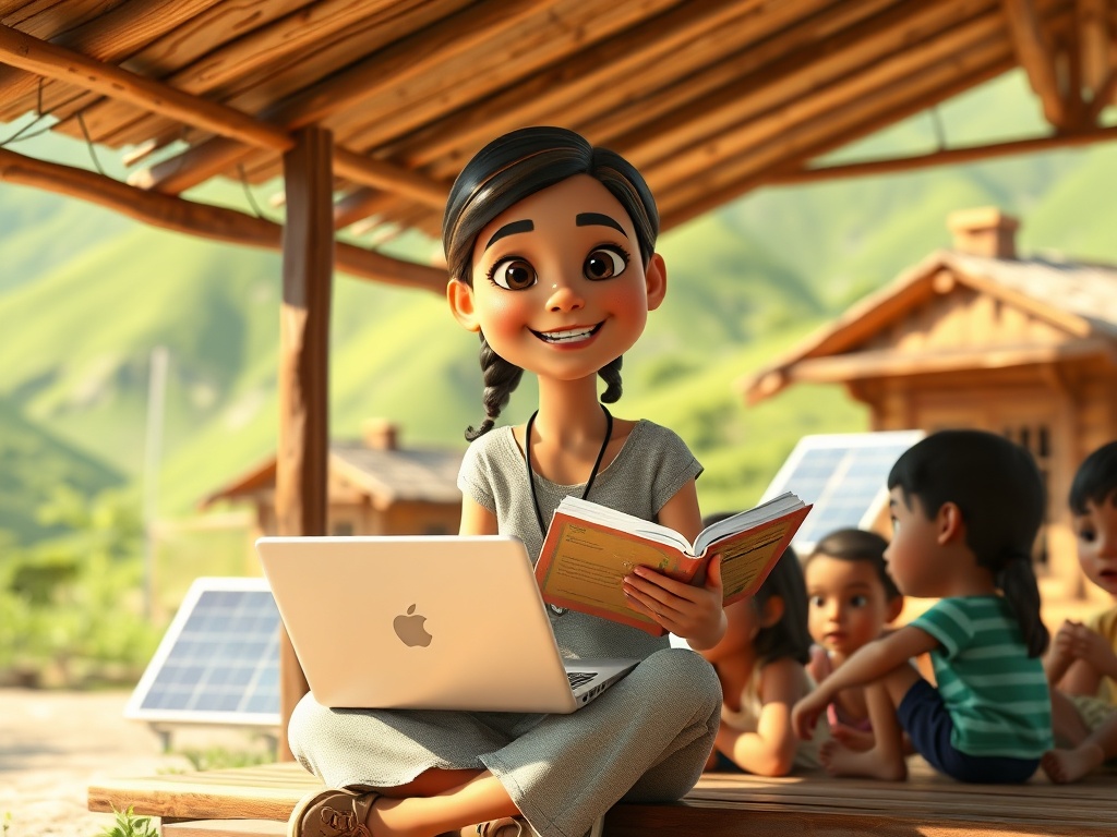Creative girl character teaching with laptop and book in rural classroom with mountains and solar panels