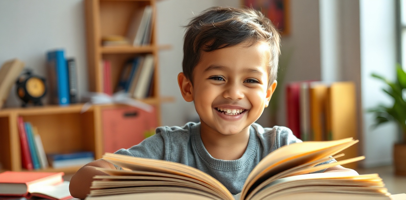 Young Latin American child reading a book with joy and focus, representing transformation through education and literacy