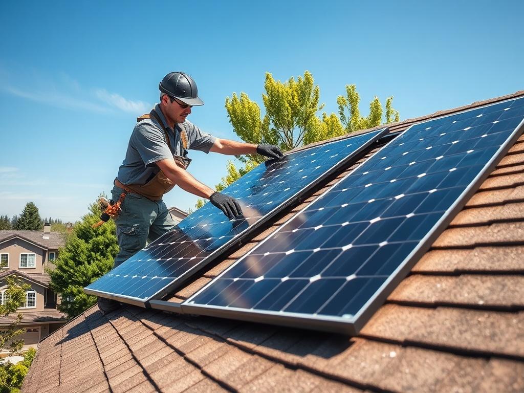 A skilled technician installing solar panels on a residential rooftop