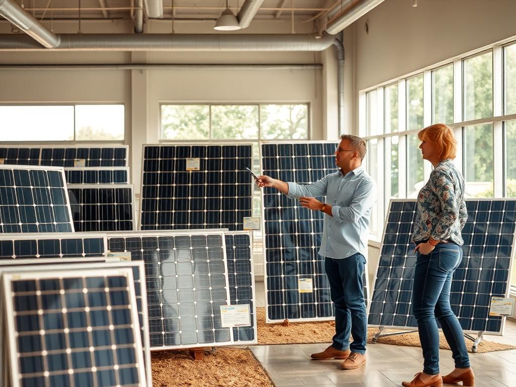 A display of various solar panels in a bright, modern