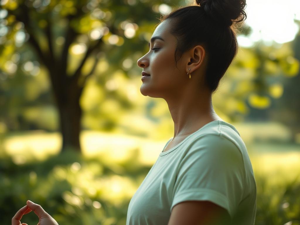 A close-up shot of a serene and balanced individual meditating in a peaceful outdoor setting, surrounded by nature. The background should feature lush greenery and soft sunlight filtering through the trees, creating a calming atmosphere. The subject is focused and radiating positive energy, embodying the essence of love, wealth, ease, abundance, and legacy. The image should be captured with a 45mm f/1.2 lens to achieve a hyper-realistic effect, emphasizing the subject with a soft bokeh background.