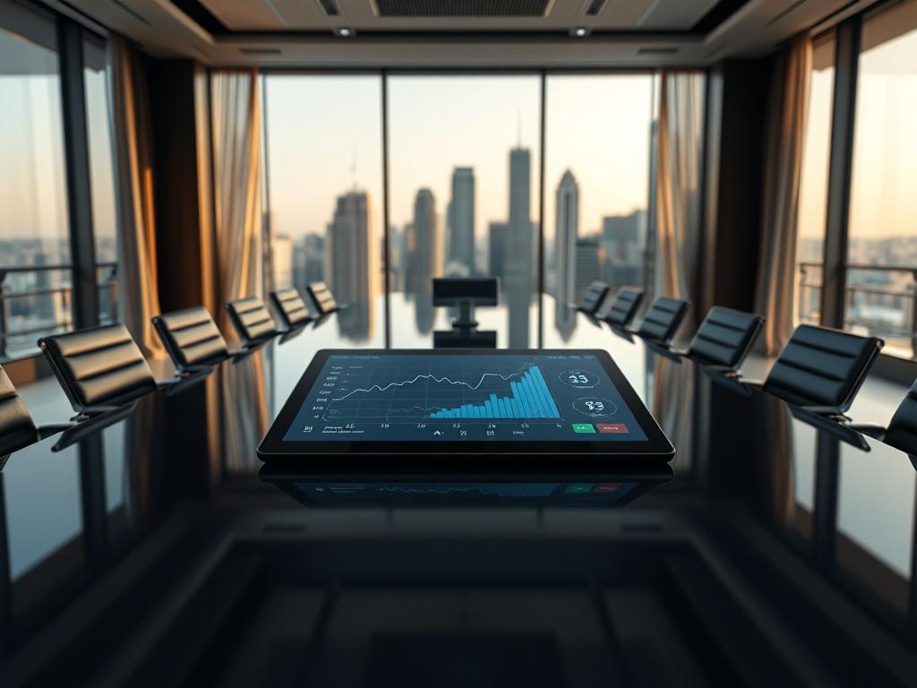 A close up shot of a sophisticated boardroom with a