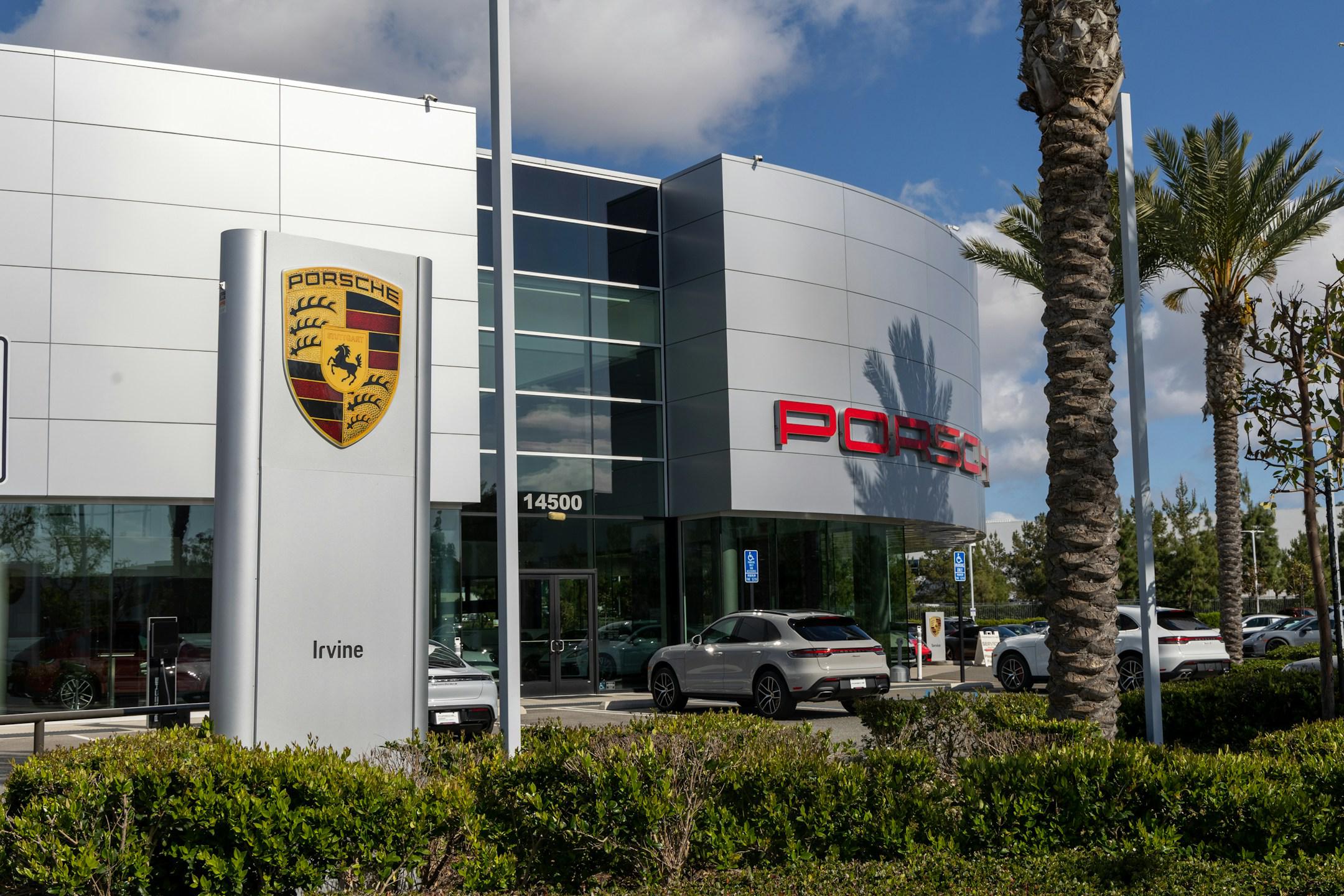 Main entrance of the Porsche car dealership in Irvine, California.
