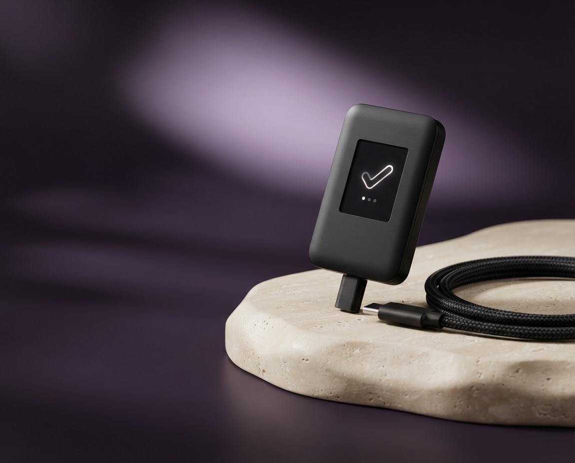 A hardware wallet standing on a sculpted plinth beside a USB-C cable