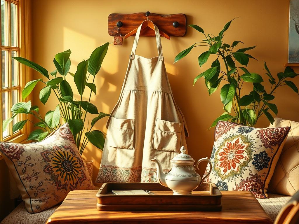 A cozy, serene setting featuring a beautifully crafted handmade apron hanging on a vintage wooden hook. Soft lighting enhances the warm golden hues in the room, with lush green plants in the background. A delicate tea set sits on a rustic table, surrounded by accent pillows that showcase intricate patterns. The atmosphere radiates comfort and creativity, inviting viewers to explore the world of handmade treasures.
