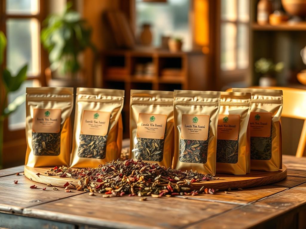 An assortment of loose leaf packaged tea displayed elegantly on a rustic wooden table, showcasing the vibrant colors of the tea leaves. Soft, golden lighting enhances the inviting atmosphere, with a blurred background hinting at a cozy tea-drinking corner.