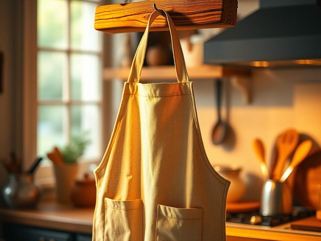 A beautifully crafted handmade apron hanging on a rustic wooden hook, showcasing its unique design. Soft golden lighting illuminates the fabric, emphasizing its texture and colors. The background features a cozy kitchen setting, with blurred elements like kitchen utensils and a warm color palette.