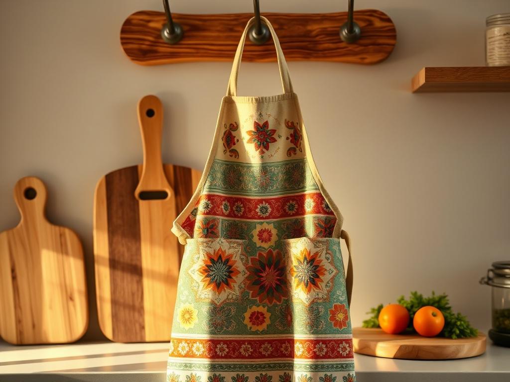 A beautifully crafted handmade apron hanging on a rustic wooden