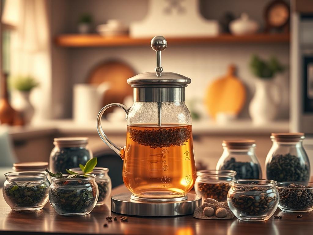 Create a realistic high-resolution image that captures the essence of "The Art of Tea Brewing." The composition should feature a single elegant tea brewer, showcasing its intricate design and craftsmanship. Center the brewer in the middle of the frame, emphasizing its unique features such as delicate curves and a polished finish. 

Surround the brewer with an assortment of loose-leaf tea beautifully displayed in small glass jars or bowls, highlighting various types such as green, black, and herbal teas. In 