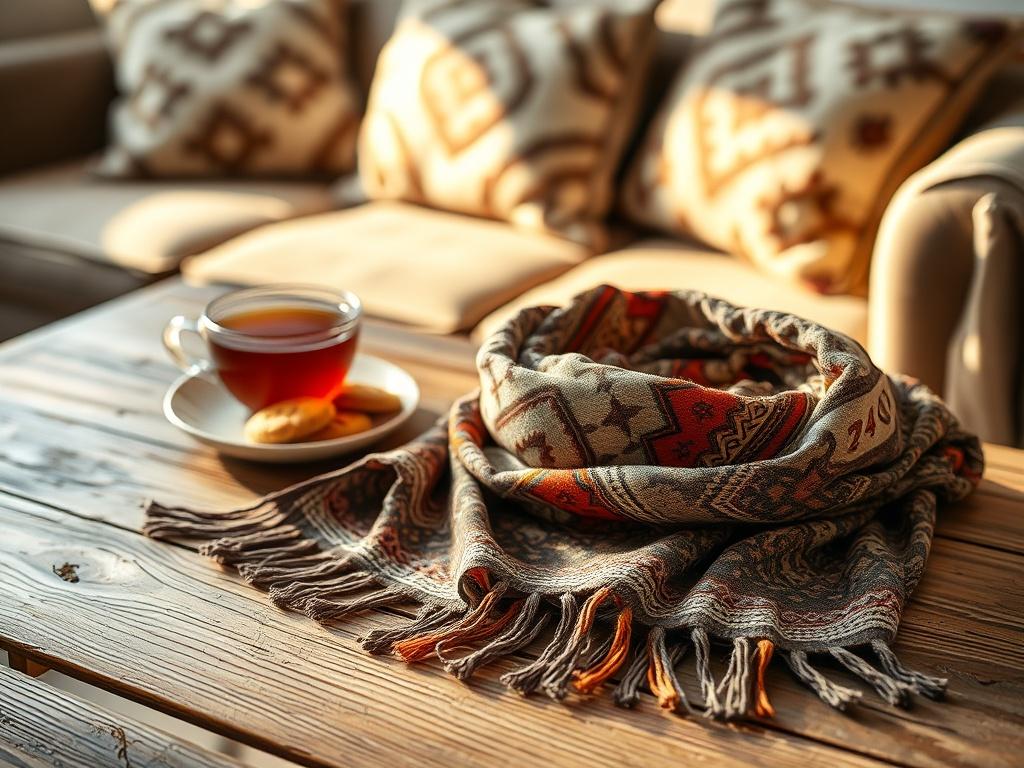 A close-up of a stylish scarf elegantly folded on a rustic wooden table, accompanied by a cup of tea and a plate of homemade cookies. The scarf features intricate patterns and vibrant colors, catching the soft golden light that enhances its textures. In the background, a cozy sofa with accent pillows peeks through, adding to the inviting ambiance. The composition highlights the beauty of the scarf while suggesting a casual, chic lifestyle.