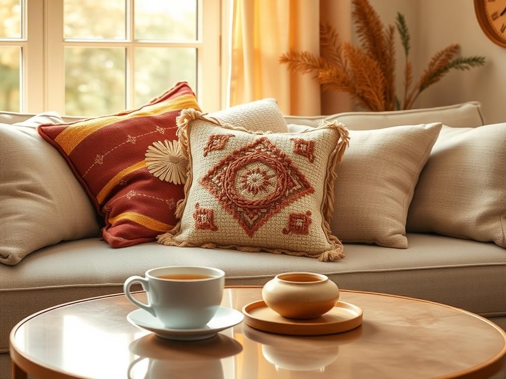 A beautifully arranged living room scene showcasing a cluster of handmade accent pillows in various colors and textures on a plush sofa. One pillow is prominently displayed, featuring a unique design that catches the eye. A steaming cup of tea rests on a stylish coffee table in front, with a window allowing soft, golden light to fill the room. The overall atmosphere radiates warmth and comfort, inviting viewers to envision this space as their own.
