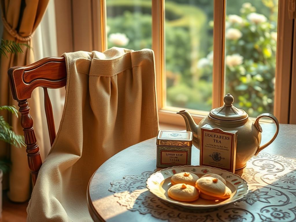 A beautifully styled tea setting featuring a handmade apron draped over a wooden chair. The table is adorned with a teapot, loose leaf tea packaged in an elegant tin, and delicate cookies arranged on a vintage plate. Soft golden lighting creates a warm atmosphere, with a backdrop of a serene garden visible through a window. The scene conveys a sense of comfort and relaxation, inviting viewers to imagine themselves enjoying a peaceful tea time.