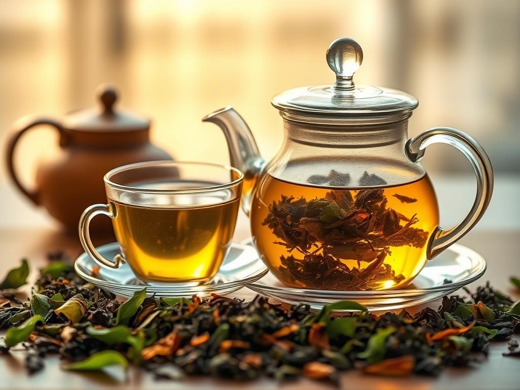 An elegant tea setup featuring a glass teapot filled with brewed loose leaf tea, surrounded by fresh tea leaves and a delicate tea cup. The scene should be warmly lit, creating a cozy and inviting atmosphere that highlights the beauty of the tea and its presentation.