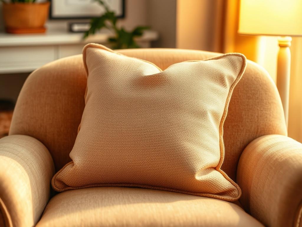 A cozy accent pillow with a soft texture and soothing colors, placed on a plush armchair in a warmly lit room. The background should be inviting and homely, showcasing a serene atmosphere with soft lighting that emphasizes the pillow's comfort and style.