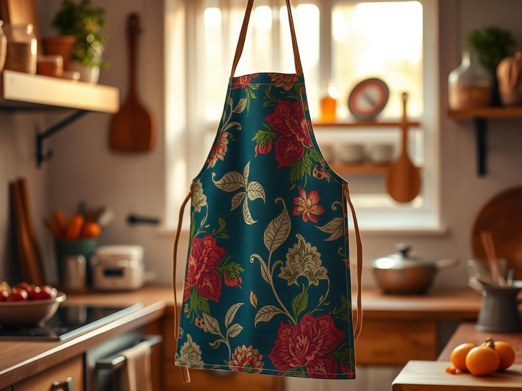 A beautifully crafted handmade apron hanging in a cozy kitchen setting, showcasing a vibrant and elegant fabric pattern. The background should feature soft lighting with hints of kitchen utensils and ingredients, creating a warm and inviting atmosphere.