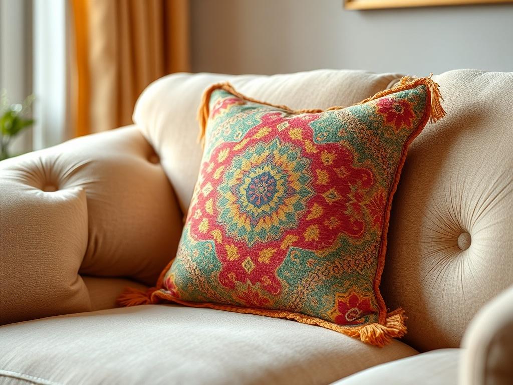 A beautifully designed accent pillow placed on a plush couch in a cozy living room. The pillow should showcase vibrant colors and patterns, with soft lighting highlighting its textures, creating an inviting and stylish atmosphere.
