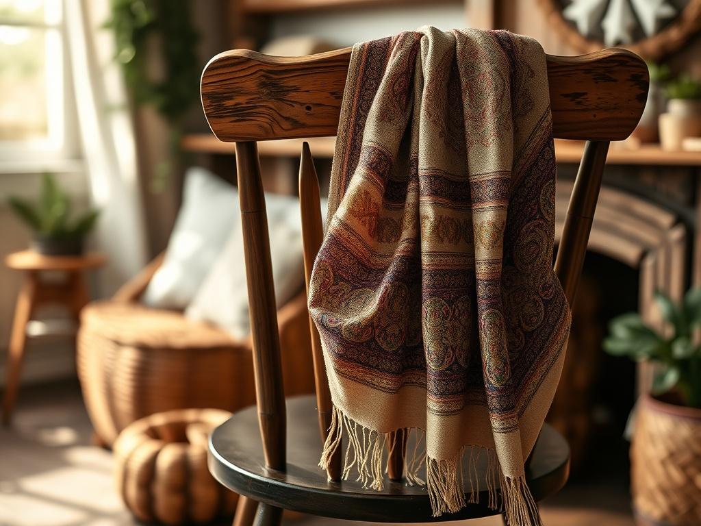 An elegant scarf draped gracefully over a rustic wooden chair in a softly lit room. The scarf should feature intricate patterns and vibrant colors, with a blurred background of cozy decor, creating a serene and inviting ambiance.
