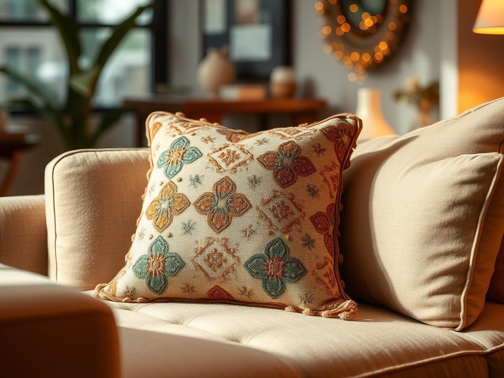 A beautifully designed cozy accent pillow placed on a plush