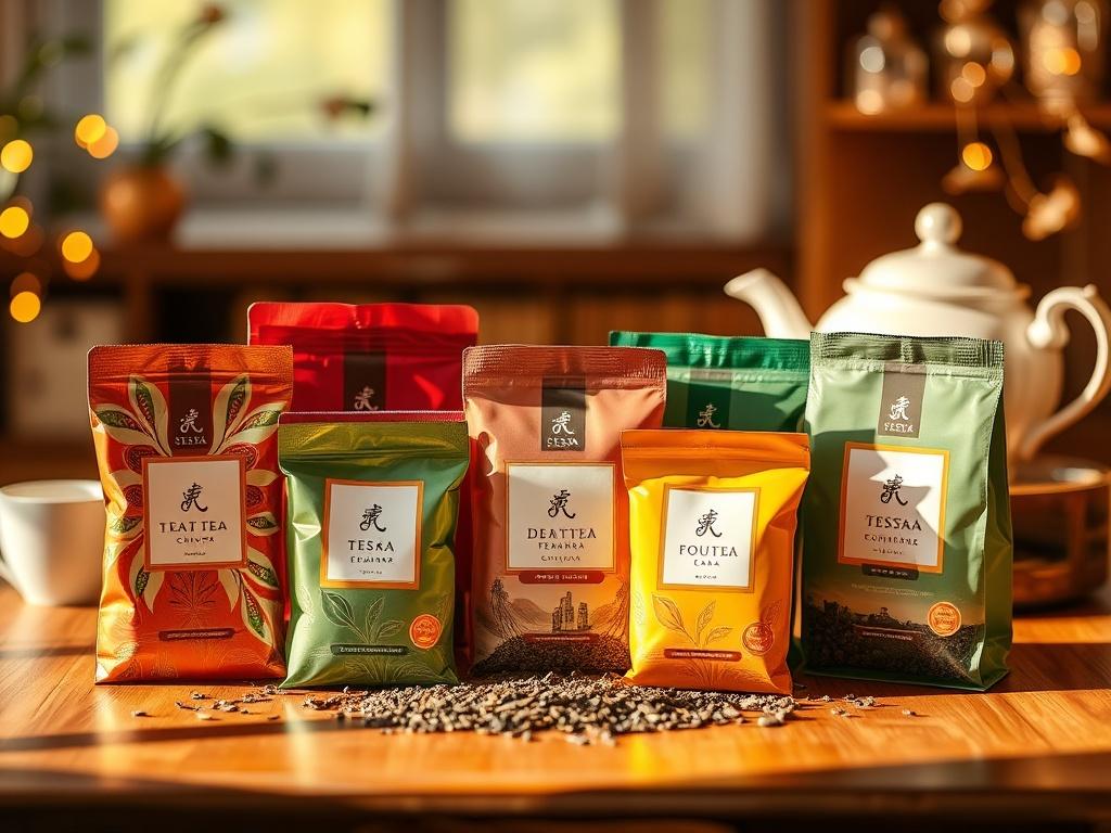 An aesthetically pleasing arrangement of various loose leaf tea packages