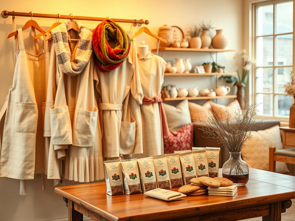 A cozy, inviting tea house setting with warm golden hues. The focus is on a beautifully arranged display of handmade aprons, colorful scarves, and soft accent pillows. In the background, a selection of loose leaf tea packages and cookies are artfully presented on a wooden table. Soft lighting enhances the serene atmosphere, creating a welcoming space for customers. The overall composition is simple and clear, capturing the essence of handcrafted comfort.