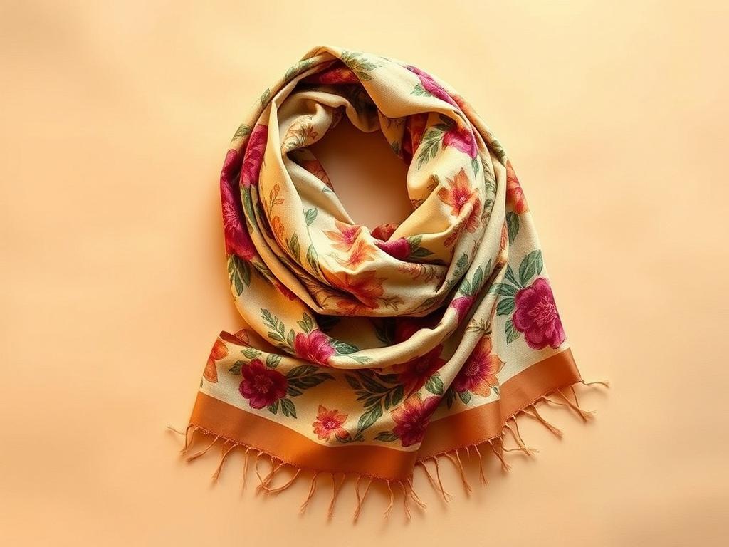 A beautifully folded botanical print scarf displayed on a soft, neutral background. The scarf features intricate floral designs in vibrant colors. The lighting is soft and warm, highlighting the texture of the fabric. The composition is simple, focusing solely on the scarf, evoking a serene and cozy atmosphere.