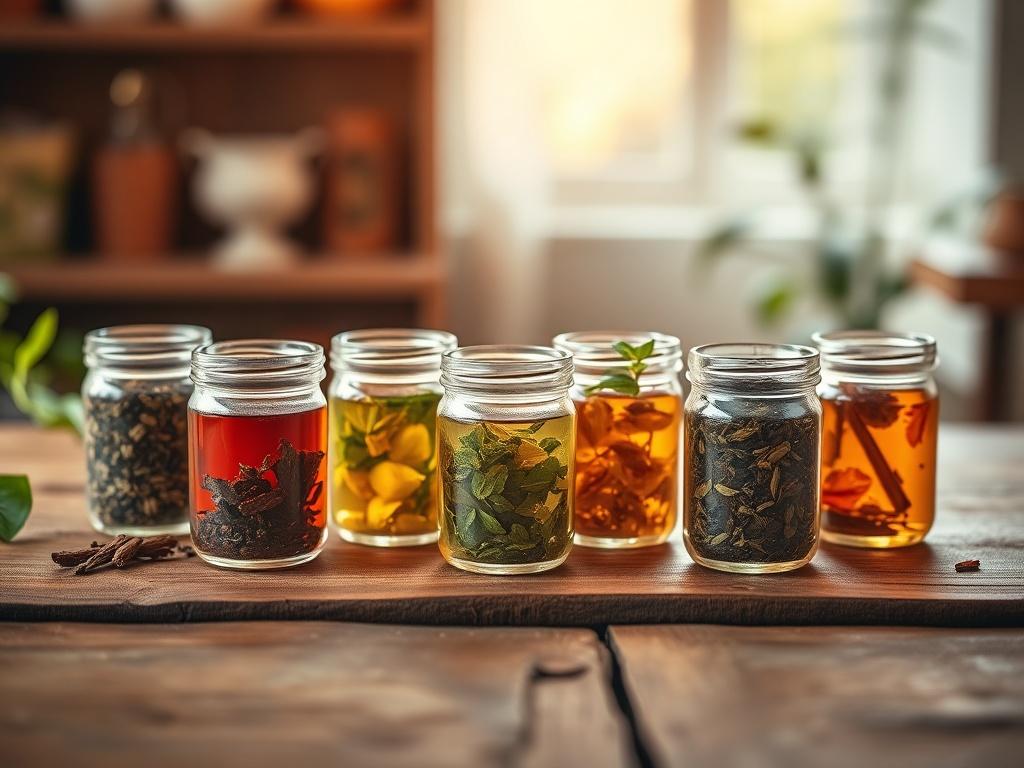 An aesthetically arranged loose leaf tea sampler displayed in small, clear jars on a rustic wooden table. Each jar contains a different type of tea, with vibrant colors. Soft, warm lighting creates an inviting atmosphere, emphasizing the beauty of the tea leaves.