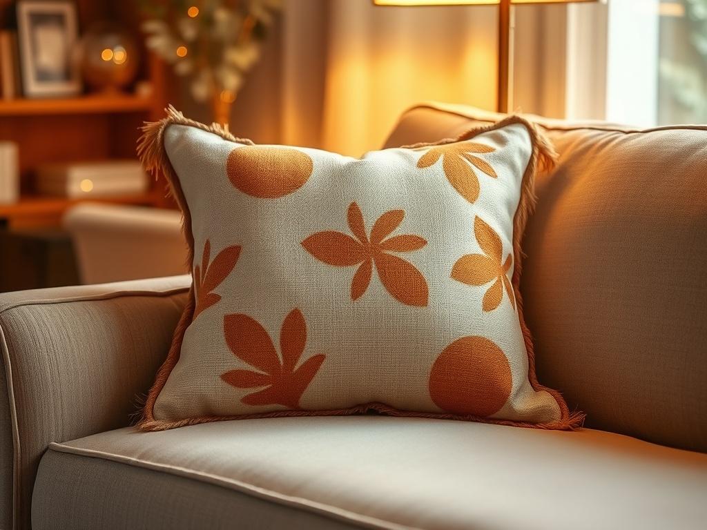 A charming accent pillow placed on a plush sofa in a cozy living room setting. The pillow features a unique design with warm colors and textures. Soft, golden lighting enhances the inviting atmosphere, making the pillow the focal point of the scene.