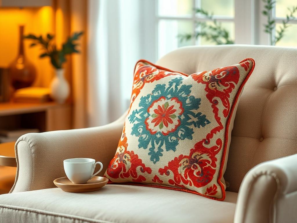 A high-resolution image of a charming accent pillow on a cozy armchair. The pillow should have a unique design with vibrant colors. The background should feature soft lighting, with a small side table and a cup of tea to create a warm and inviting atmosphere. Focus on the pillow's details and texture.