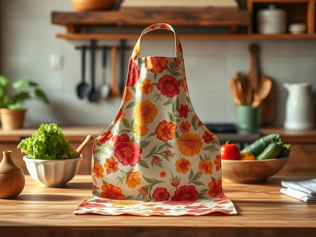 A high-resolution image of a handmade floral apron, displayed on a wooden kitchen table. The apron should feature a vibrant floral pattern in warm colors. The background should be softly lit, with kitchen utensils and a bowl of fresh vegetables to create a cozy atmosphere. The focus should be on the apron, showcasing its details and craftsmanship.