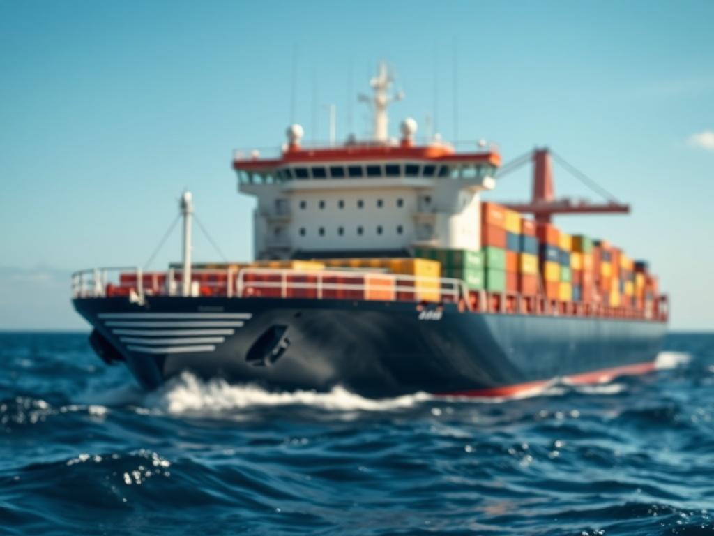 A realistic high-resolution photo of a ship at sea with a clear sky, highlighting the vessel's structure and design. The image captures the essence of maritime logistics, emphasizing the importance of vessel chartering in transportation. The background includes waves and a distant horizon, showcasing the vast ocean.