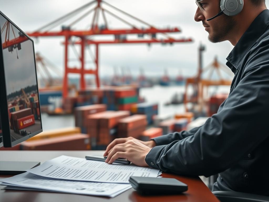 A hyper-realistic close-up shot of a logistics professional working on a computer, with shipping documents and customs paperwork in the foreground. The background shows a bustling shipping yard with containers and cranes. The image should convey a sense of efficiency and professionalism, capturing the essence of international transit and customs services. The colors should align with rgb(85, 141, 151).