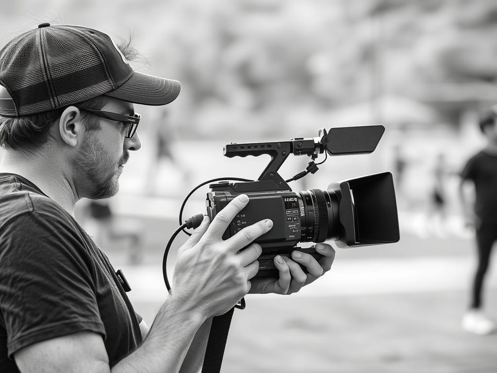 A high resolution black and white image of a videographer