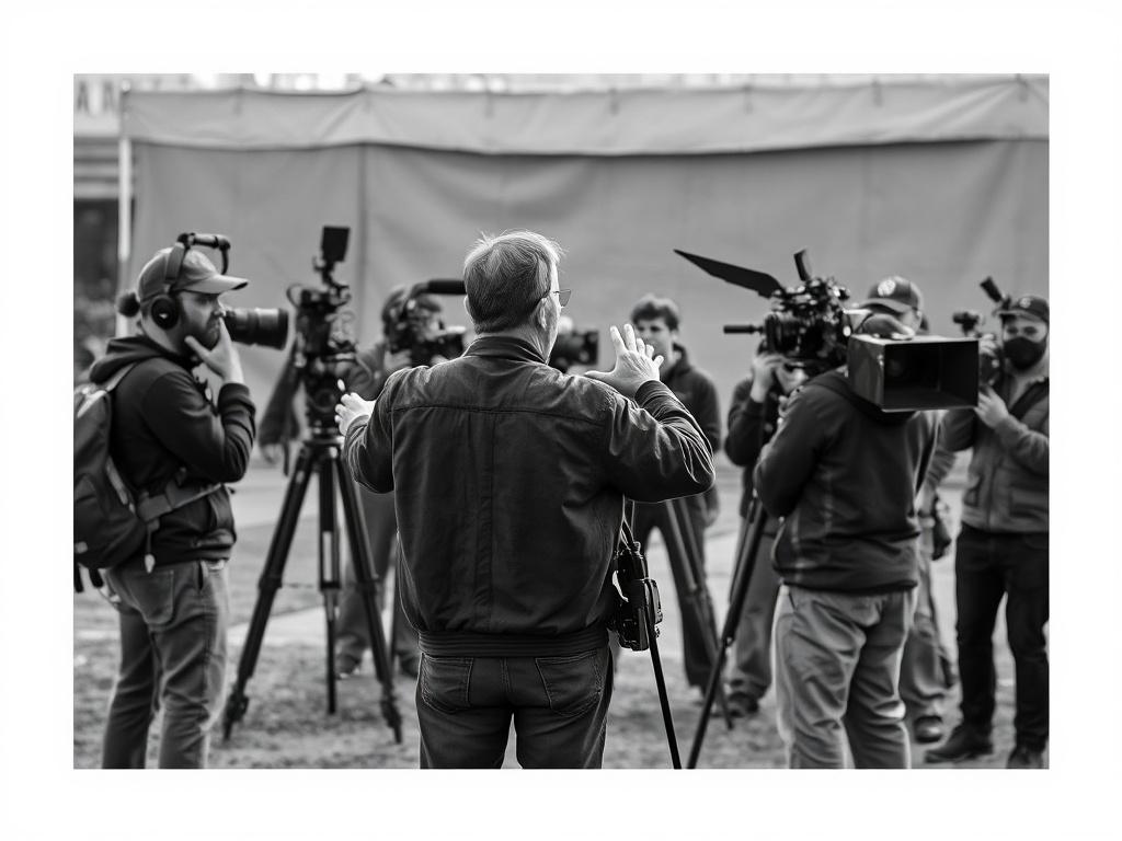 A filmmaker directing a long form video shoot, surrounded by